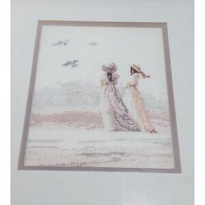 Vintage Cross-Stitch Beach Scene With Ladies In Bonnet Hats Framed Artwork
